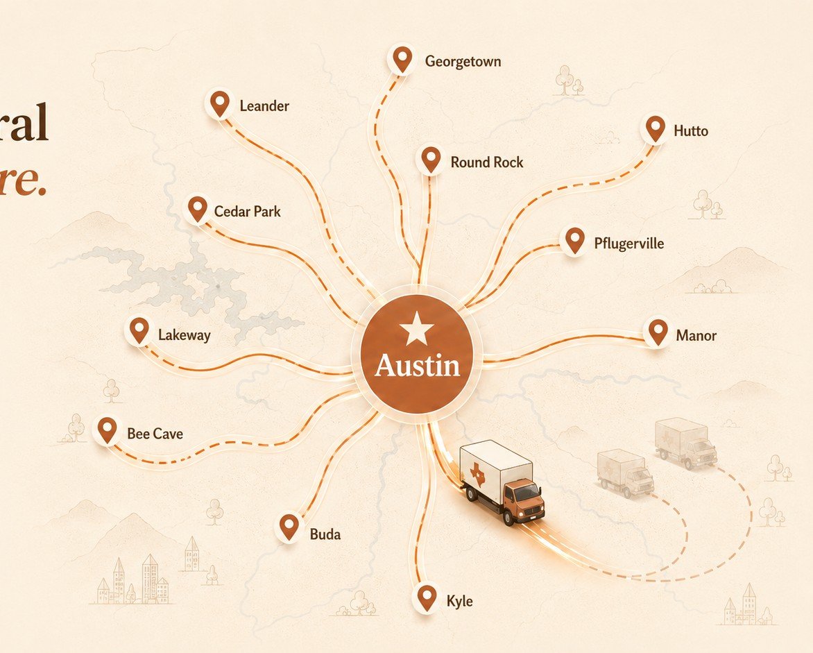 Illustrated Central Texas service area map radiating from Austin to surrounding communities